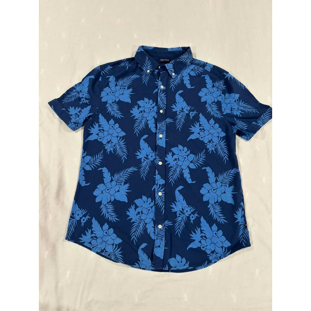Nautica Mens XL Blue Floral Short Sleeve Button Down Shirt Casual Beach Vacation